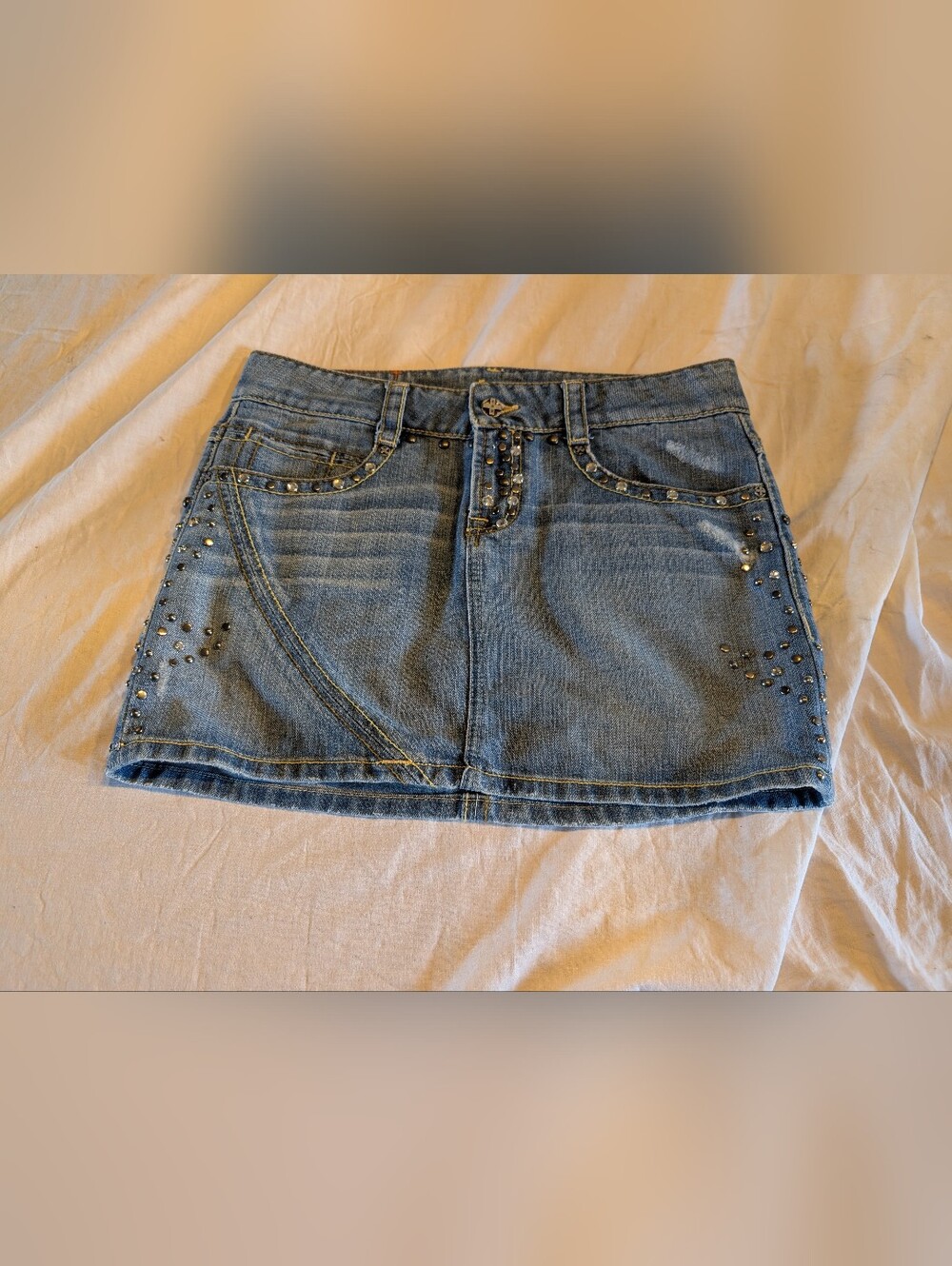 2/30$ Tag Y2K Embellished With Sparkly Stone Light Blue Denim Mini Skirt